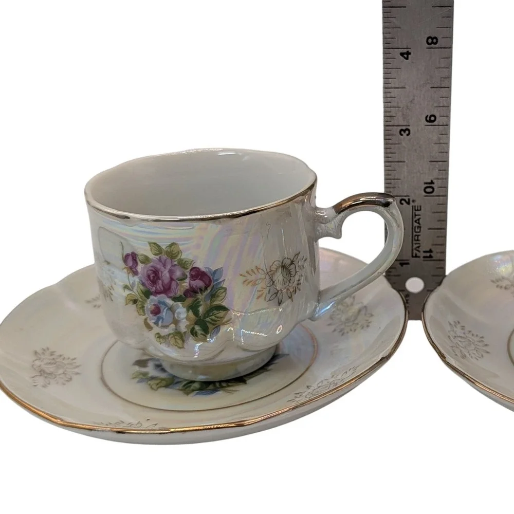Vintage Seyei Fine China Demitasse Cups and Saucers Iridescent Floral Set of Two